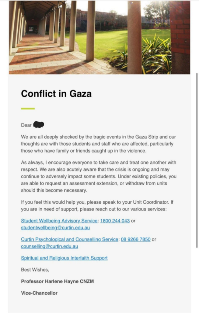 Curtin Univeristy Statement on Gaza